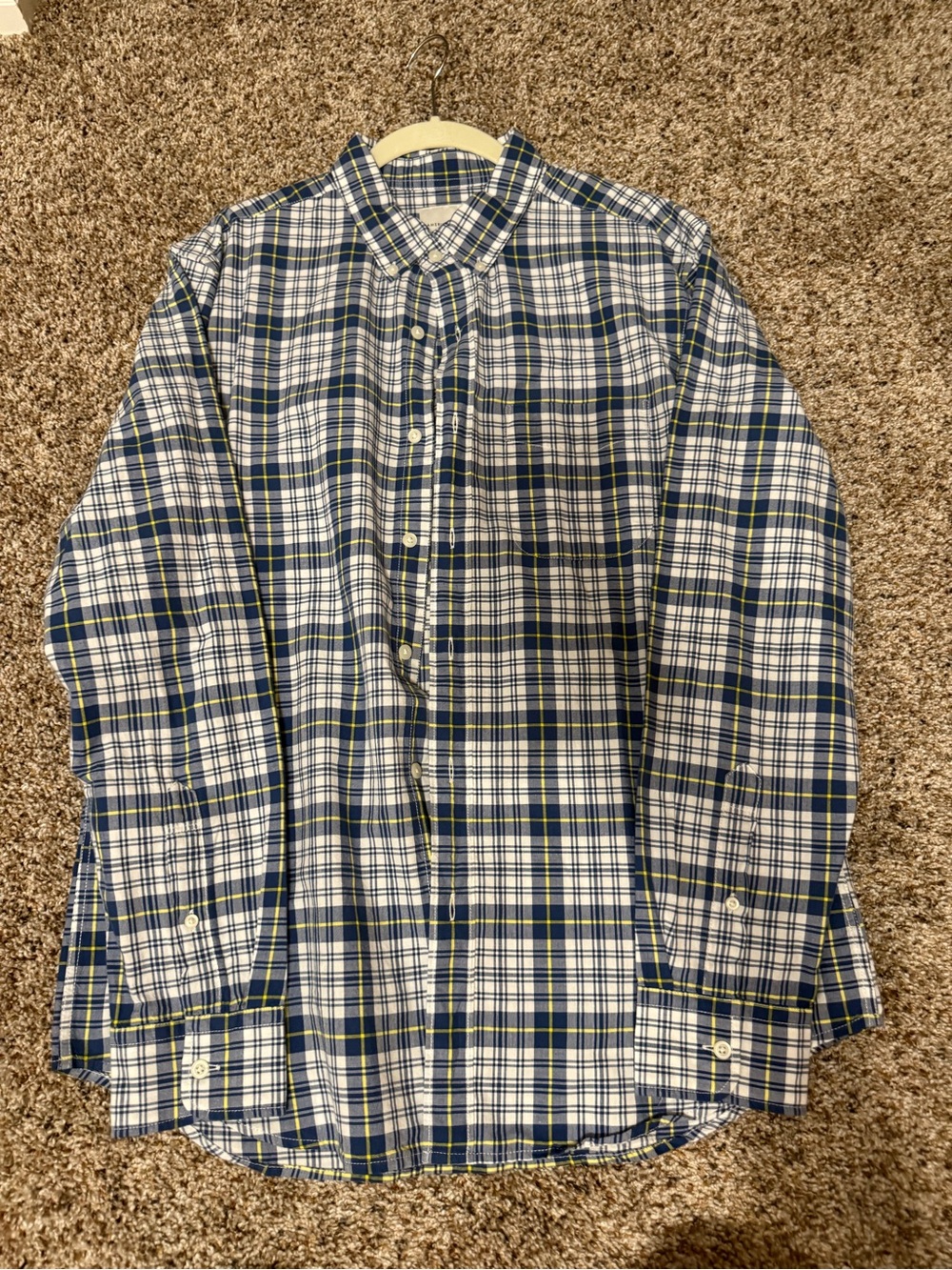 American Eagle Outfitters Navy, White & Yellow Plaid Button-Down Shirt